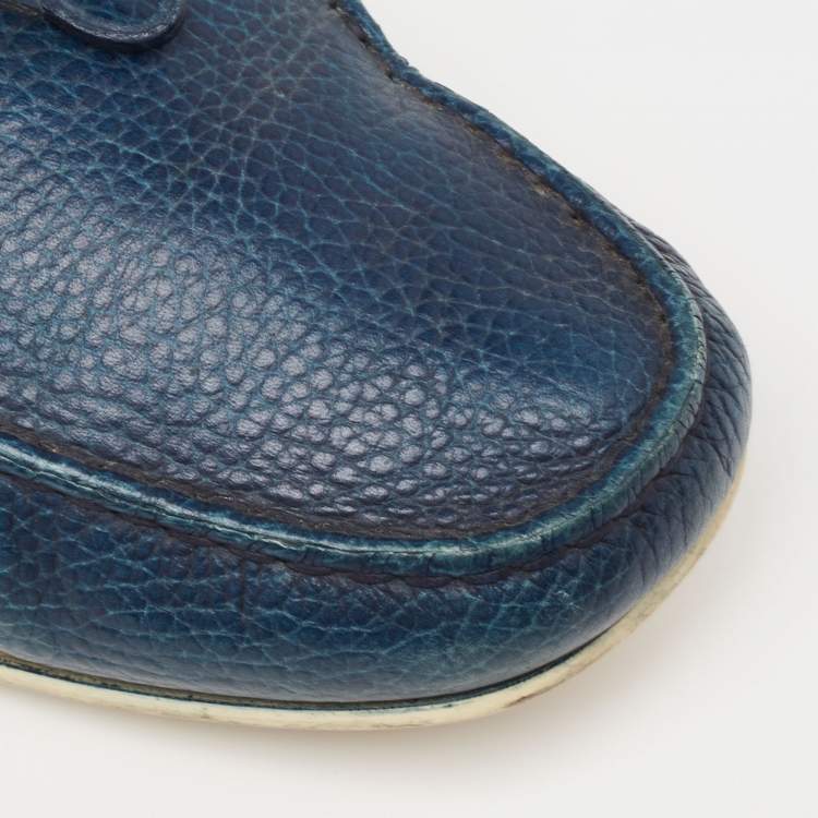 Pre Owned Tod's Blue Leather Bow Slip-On Loafers Size 42.5