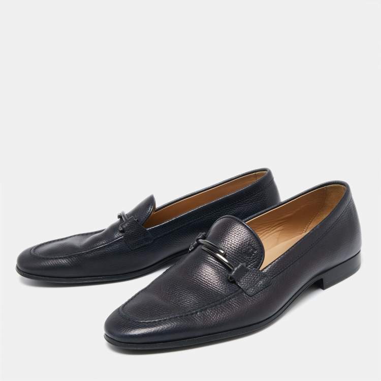 Pre Owned Tod's Navy Blue Leather Double T Buckle Slip-On Loafers Size 42