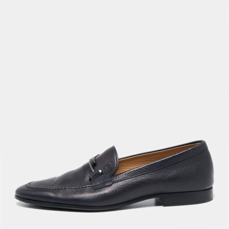 Pre Owned Tod's Navy Blue Leather Double T Buckle Slip-On Loafers Size 42