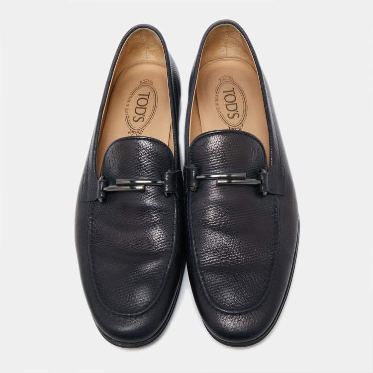 Pre Owned Tod's Navy Blue Leather Double T Buckle Slip-On Loafers Size 42