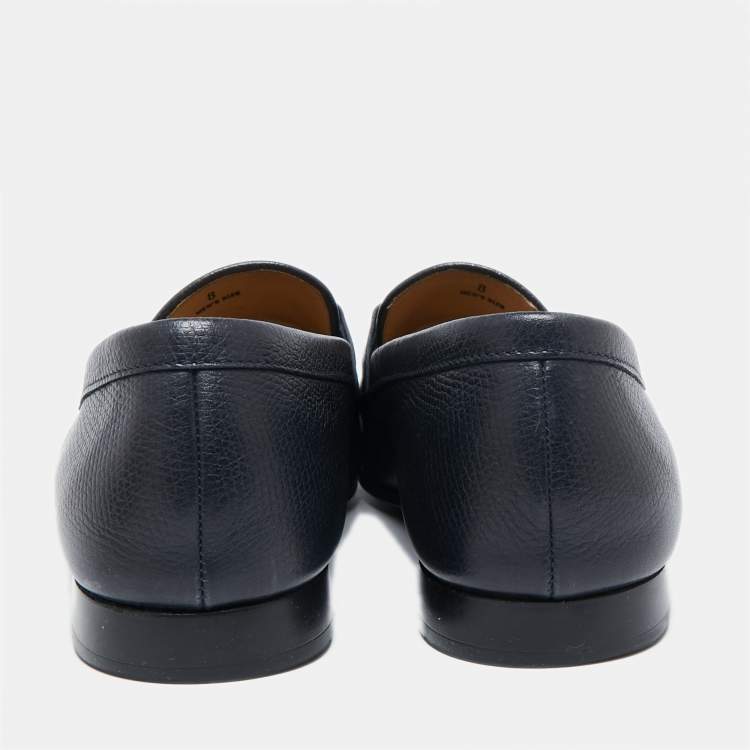 Pre Owned Tod's Navy Blue Leather Double T Buckle Slip-On Loafers Size 42