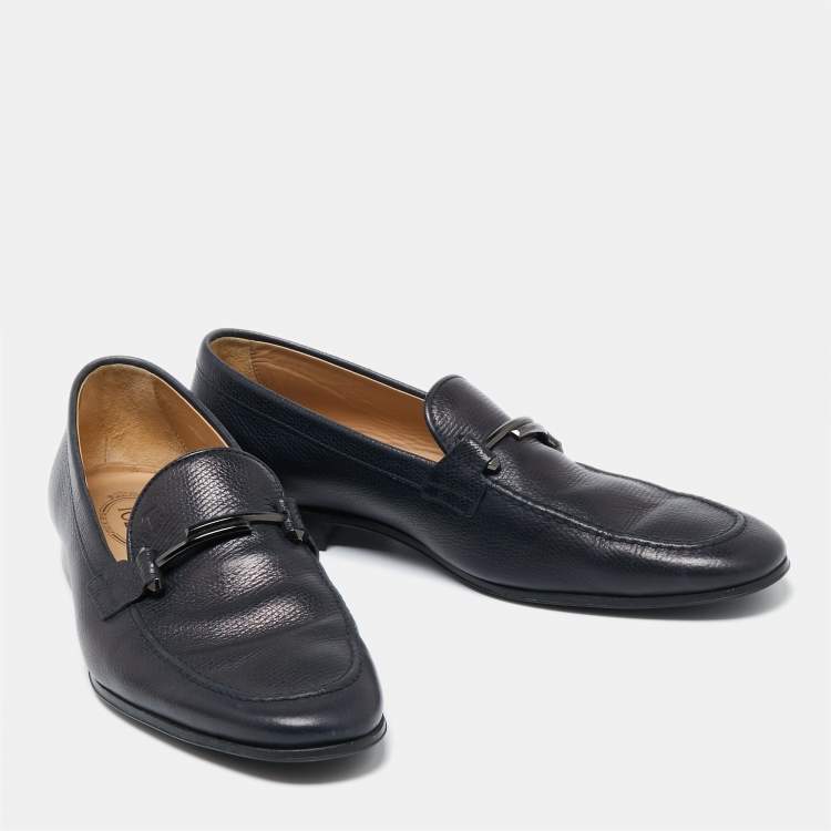 Pre Owned Tod's Navy Blue Leather Double T Buckle Slip-On Loafers Size 42