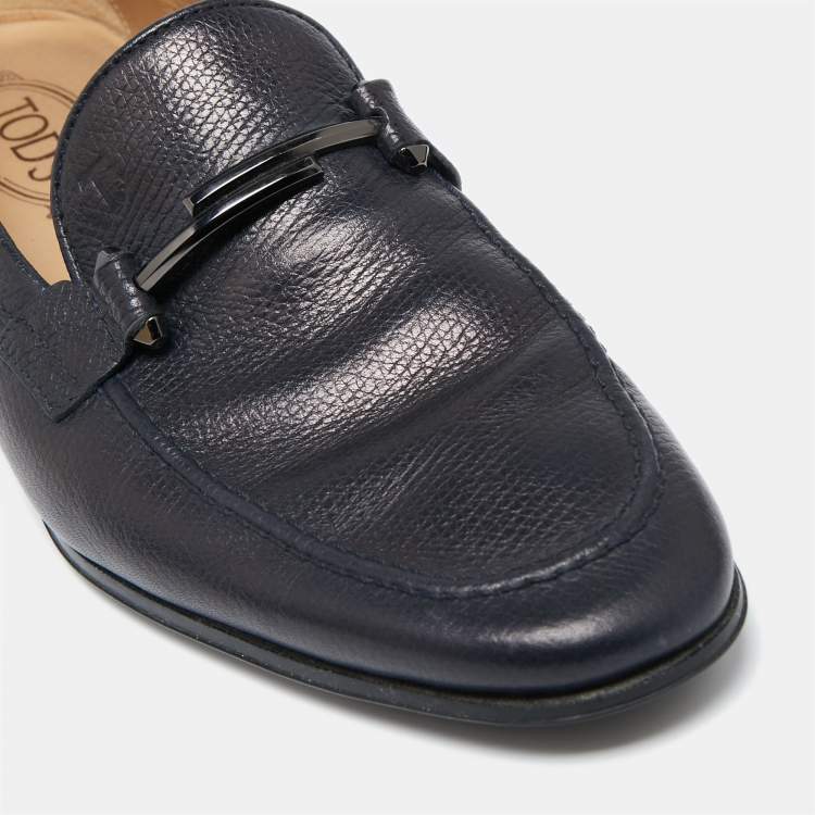 Pre Owned Tod's Navy Blue Leather Double T Buckle Slip-On Loafers Size 42
