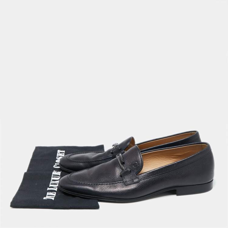 Pre Owned Tod's Navy Blue Leather Double T Buckle Slip-On Loafers Size 42