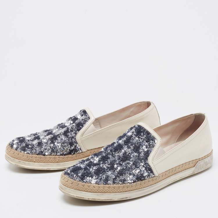 مملوكة مسبقًا Tod's Cream Leather And Sequin Embellished Espadrille Loafers Size 40