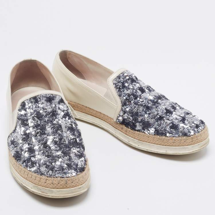 مملوكة مسبقًا Tod's Cream Leather And Sequin Embellished Espadrille Loafers Size 40