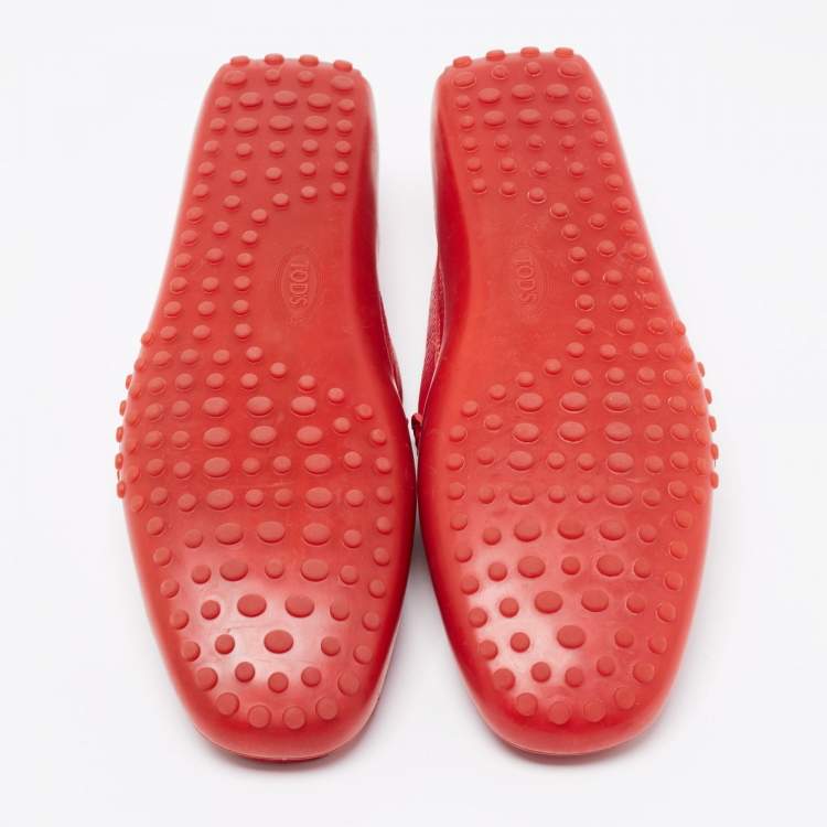 Pre Owned Tod's Red Leather Gommino Driving Loafers Size 44.5