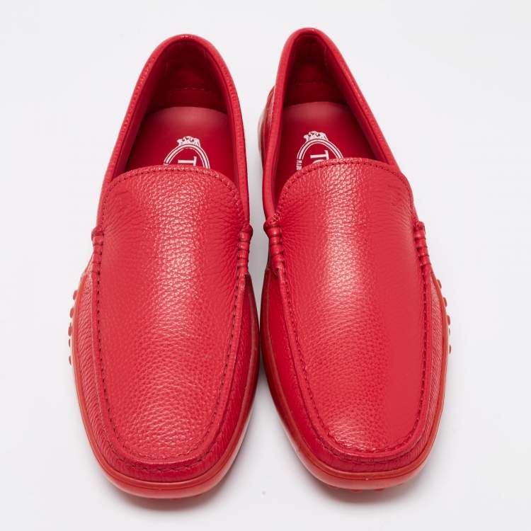Pre Owned Tod's Red Leather Gommino Driving Loafers Size 44.5