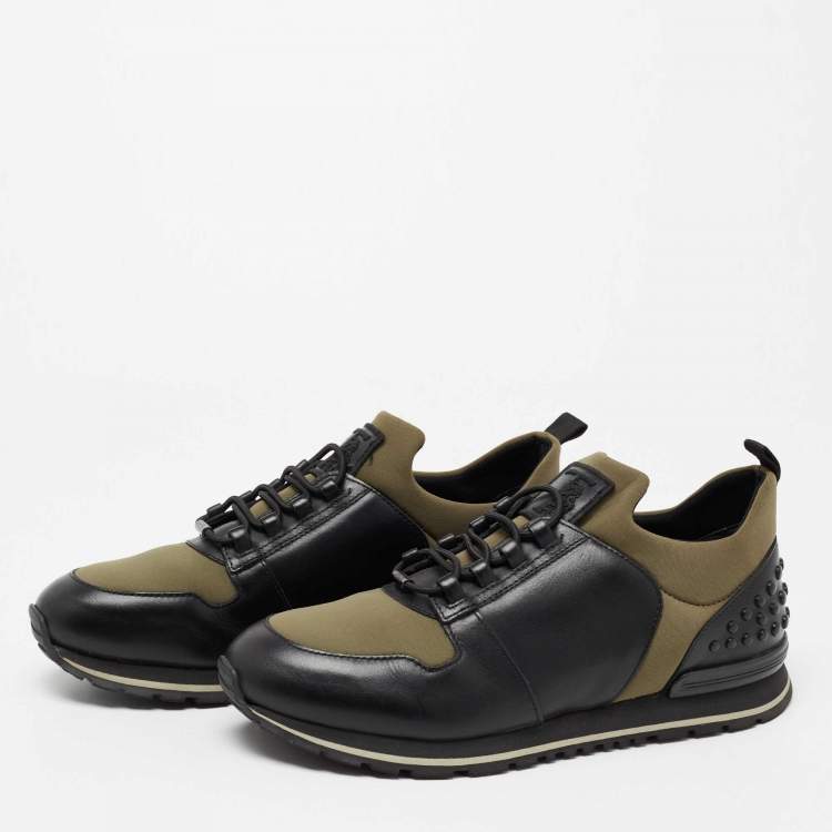 Pre Owned Tod's Black/Army Green Leather and Nylon Lace Sneakers Size 40