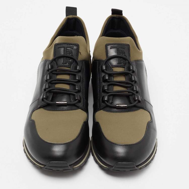 Pre Owned Tod's Black/Army Green Leather and Nylon Lace Sneakers Size 40