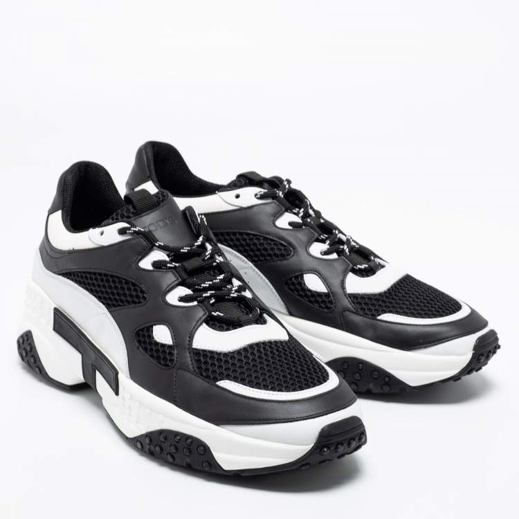 Pre Owned Tod's Black/White Leather And Mesh Active Sporty Sneakers Size 44