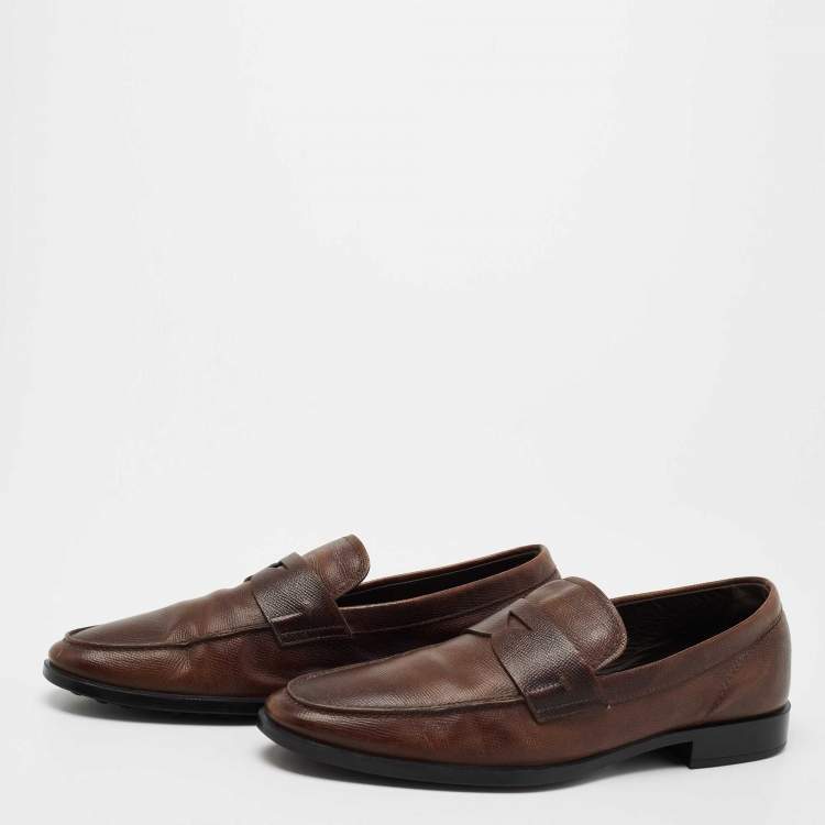 Pre Owned Tod's Brown Textured Leather Penny Loafers Size 43