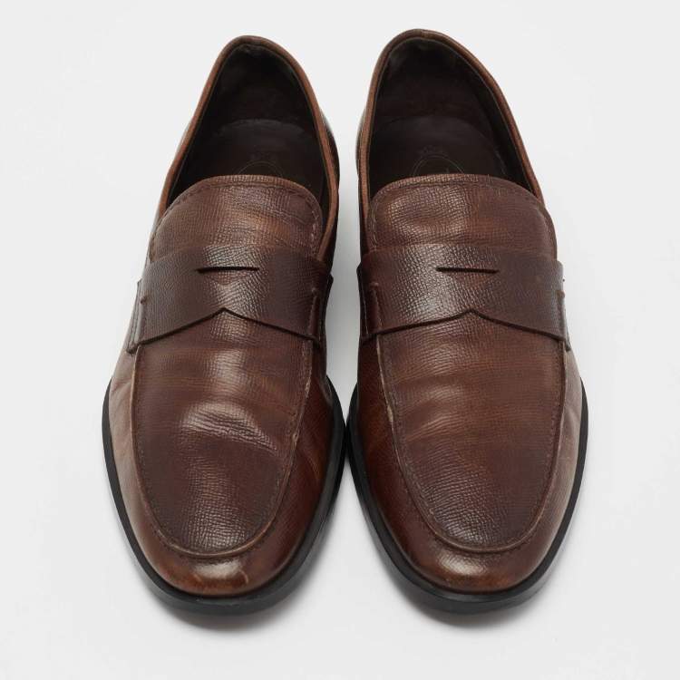 Pre Owned Tod's Brown Textured Leather Penny Loafers Size 43