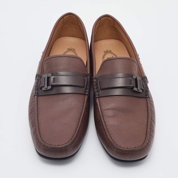 Pre Owned Tod's Brown Leather Logo Buckle Slip On Loafers Size 41.5