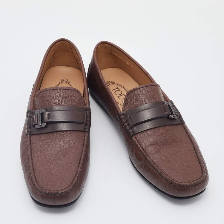 Pre Owned Tod's Brown Leather Logo Buckle Slip On Loafers Size 41.5