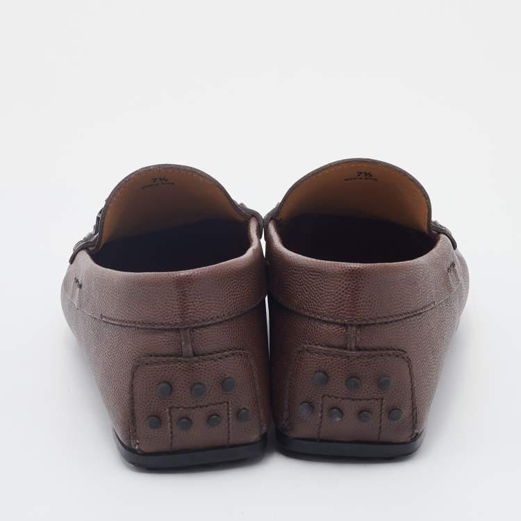 Pre Owned Tod's Brown Leather Logo Buckle Slip On Loafers Size 41.5