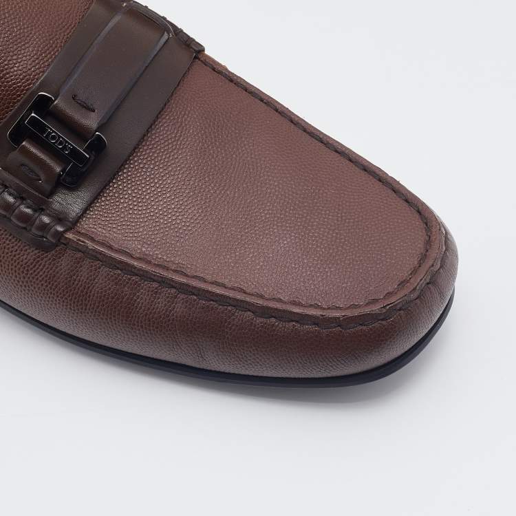Pre Owned Tod's Brown Leather Logo Buckle Slip On Loafers Size 41.5