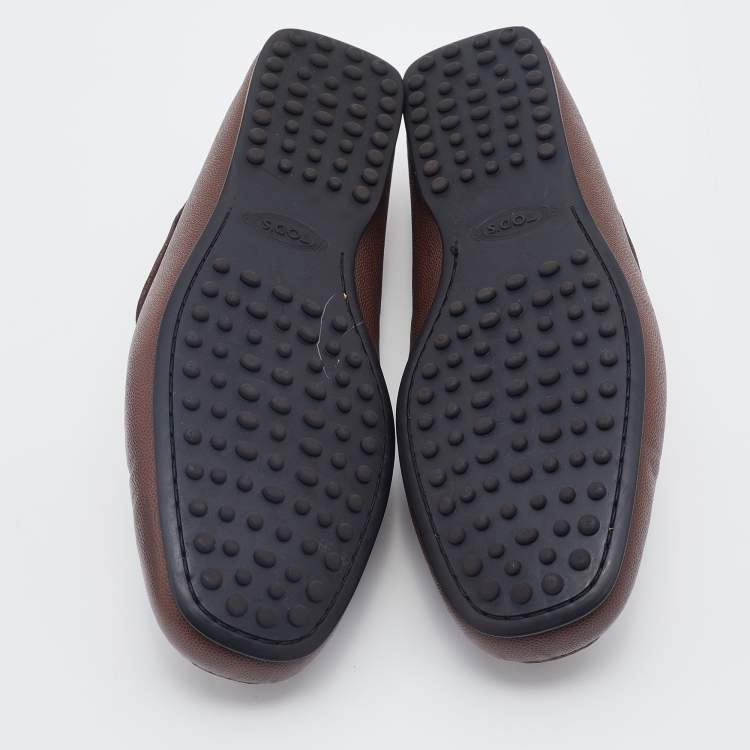 Pre Owned Tod's Brown Leather Logo Buckle Slip On Loafers Size 41.5