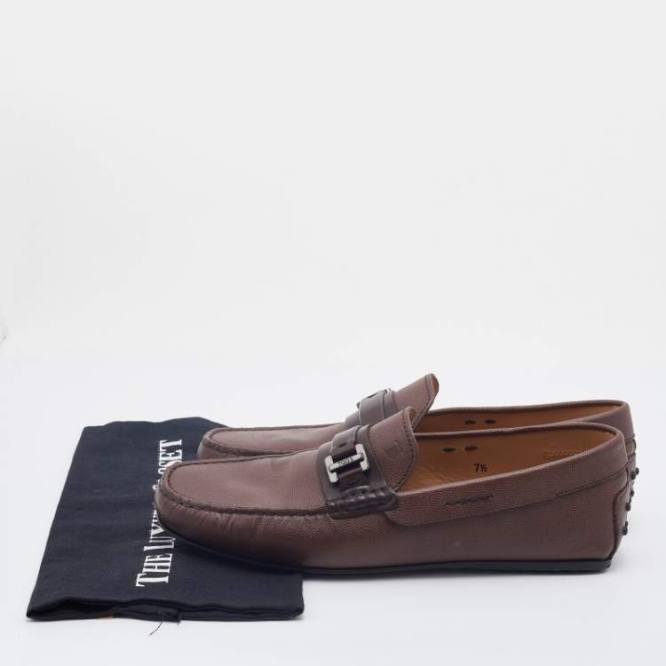 Pre Owned Tod's Brown Leather Logo Buckle Slip On Loafers Size 41.5
