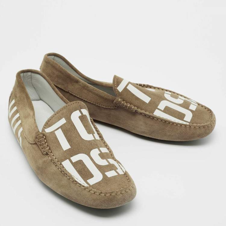 Pre Owned Tod's Brown Suede Logo Print Slip On Loafers Size 39.5 