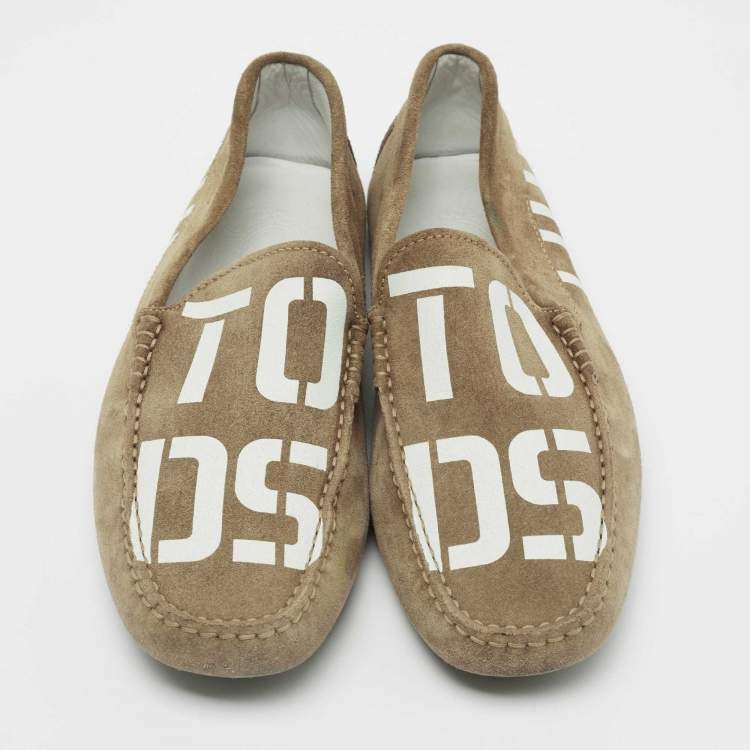 Pre Owned Tod's Brown Suede Logo Print Slip On Loafers Size 39.5 