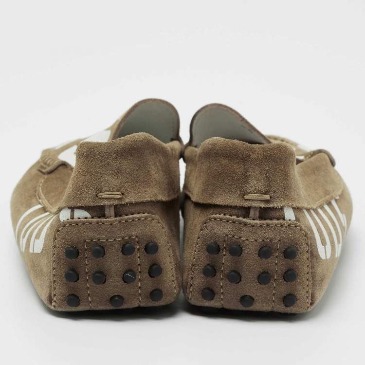 Pre Owned Tod's Brown Suede Logo Print Slip On Loafers Size 39.5 