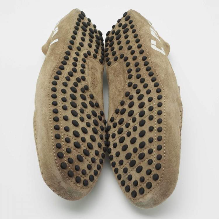Pre Owned Tod's Brown Suede Logo Print Slip On Loafers Size 39.5 
