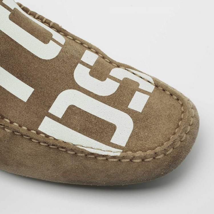 Pre Owned Tod's Brown Suede Logo Print Slip On Loafers Size 39.5 