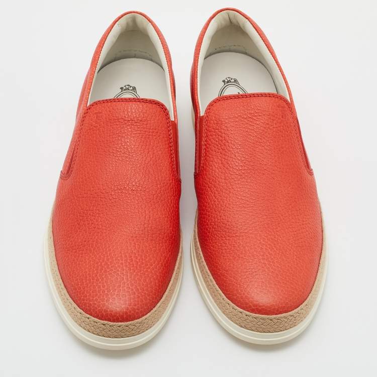 Pre Owned Tod's Orange Leather Classic Espadrille Slip On Sneakers Size 43