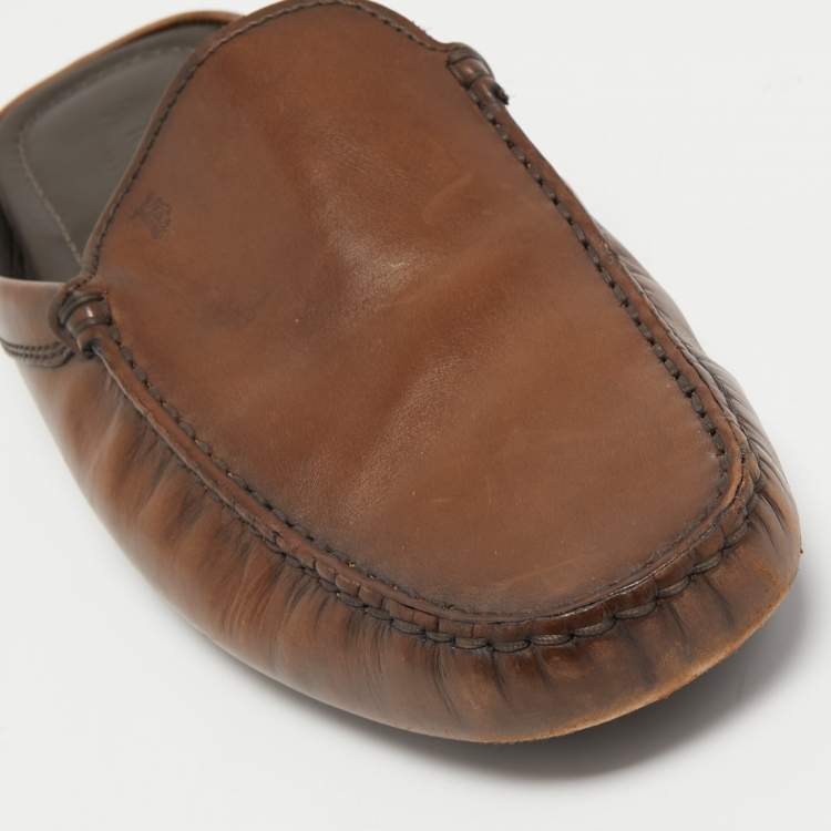 Pre Owned Tod's Brown Leather Flat Loafer Mules Size 42.5