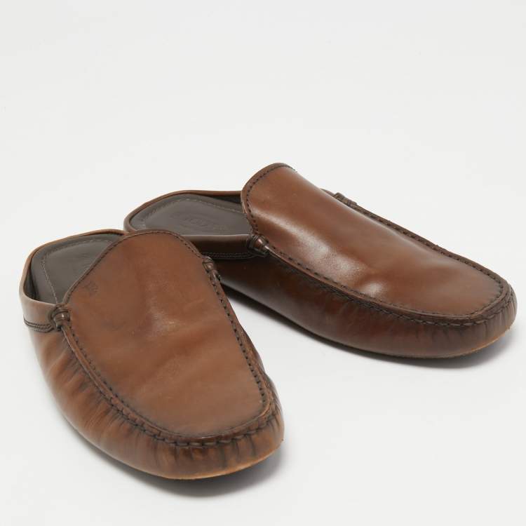 Pre Owned Tod's Brown Leather Flat Loafer Mules Size 42.5