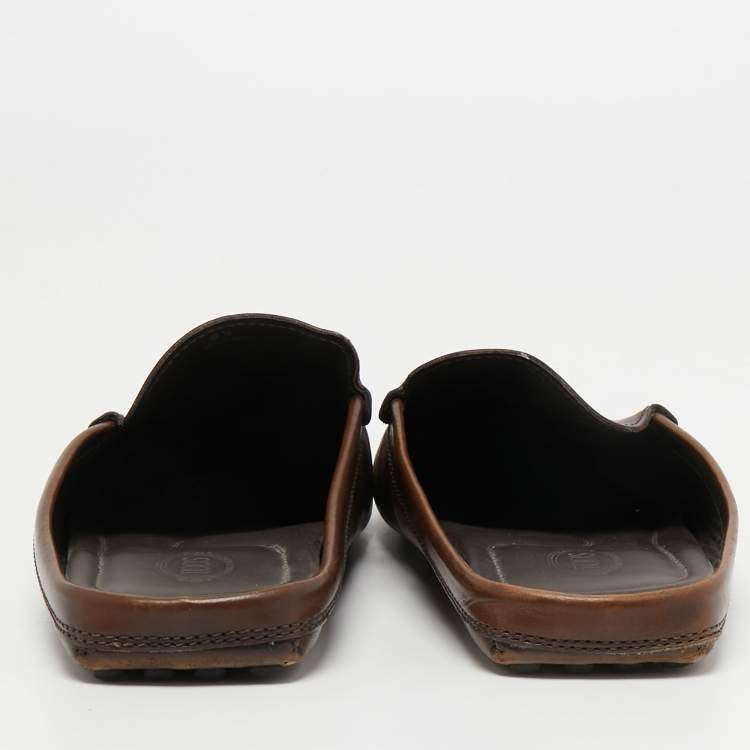 Pre Owned Tod's Brown Leather Flat Loafer Mules Size 42.5