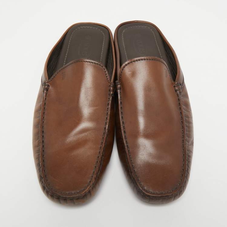 Pre Owned Tod's Brown Leather Flat Loafer Mules Size 42.5