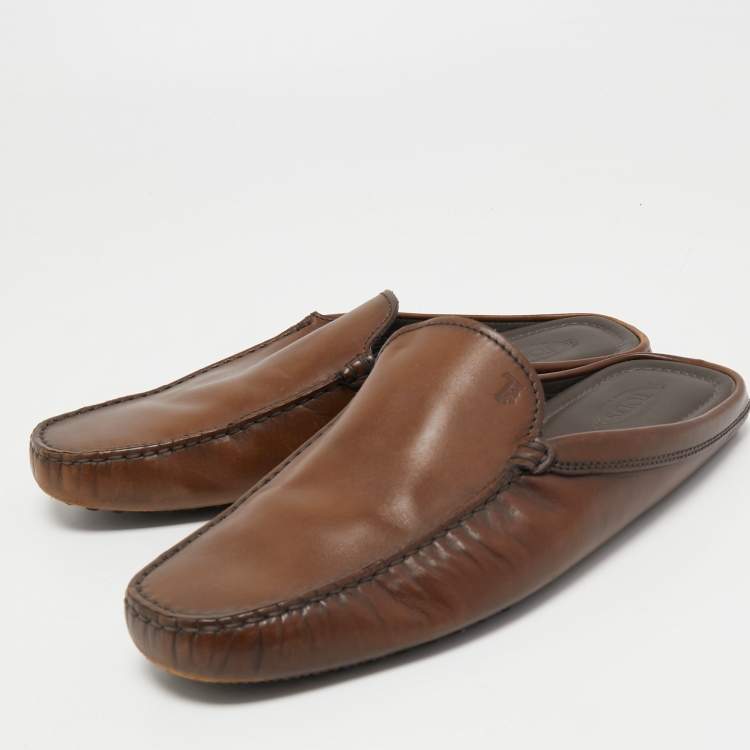 Pre Owned Tod's Brown Leather Flat Loafer Mules Size 42.5