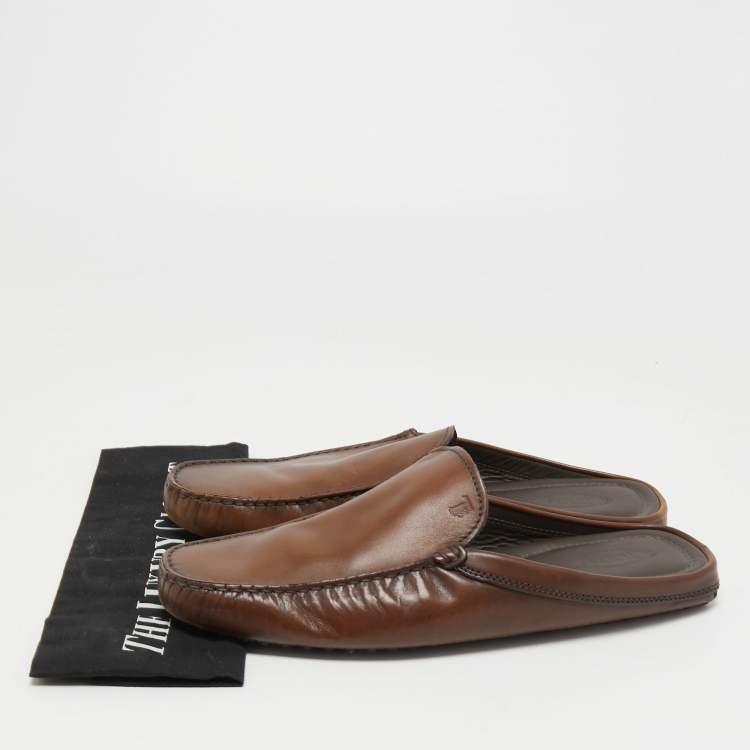 Pre Owned Tod's Brown Leather Flat Loafer Mules Size 42.5