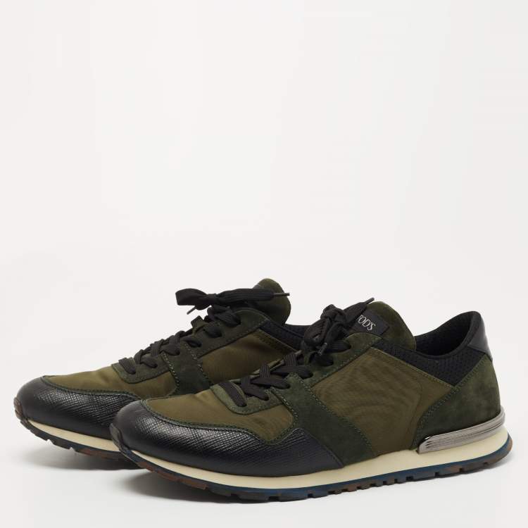 Pre Owned Tods Green/Black Nylon and Leather Low Top Sneakers Size 46.5
