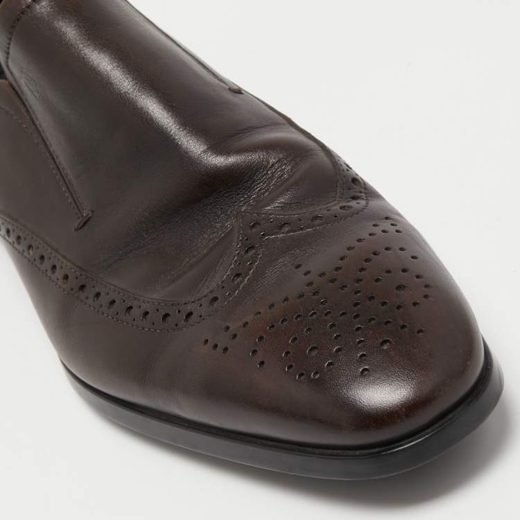 Pre Owned Tod's Brown Brogue Leather Slip On Loafers Size 43