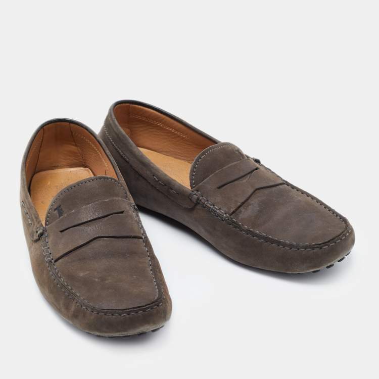 Pre Owned Tod's Dark Grey Nubuck Leather Gommini Loafers Size 42