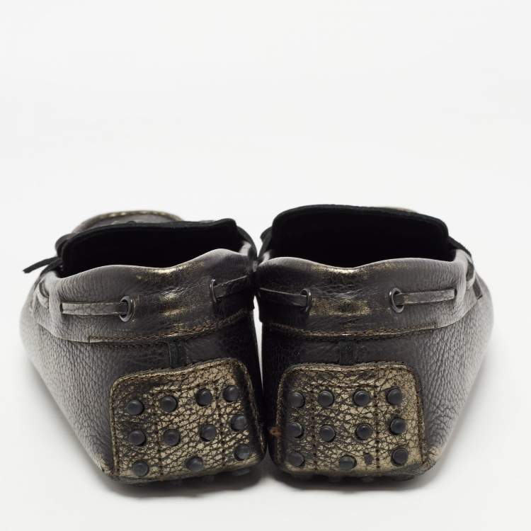 Pre Owned Tod's Metallic Leather Bow Slip On Loafers Size 42.5 
