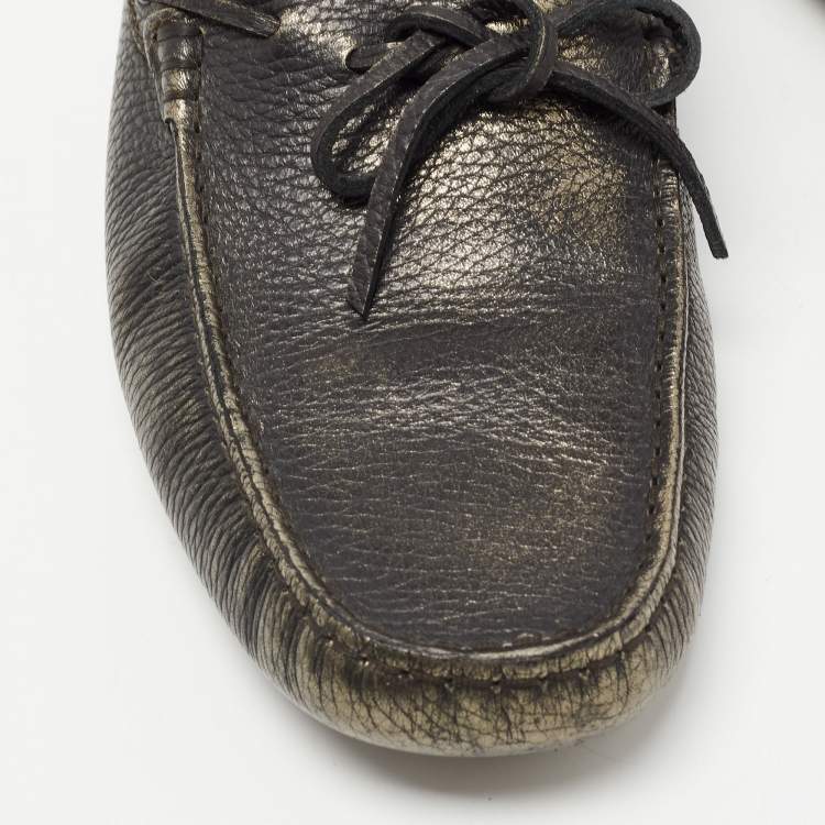 Pre Owned Tod's Metallic Leather Bow Slip On Loafers Size 42.5 
