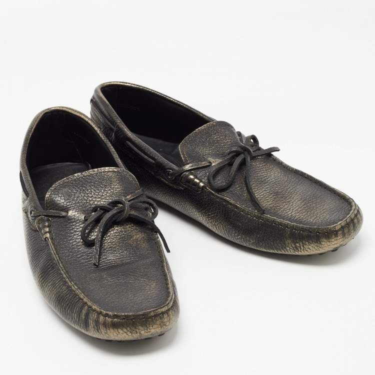 Pre Owned Tod's Metallic Leather Bow Slip On Loafers Size 42.5 