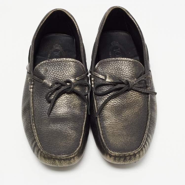 Pre Owned Tod's Metallic Leather Bow Slip On Loafers Size 42.5 