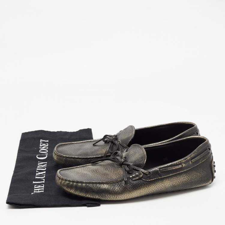 Pre Owned Tod's Metallic Leather Bow Slip On Loafers Size 42.5 