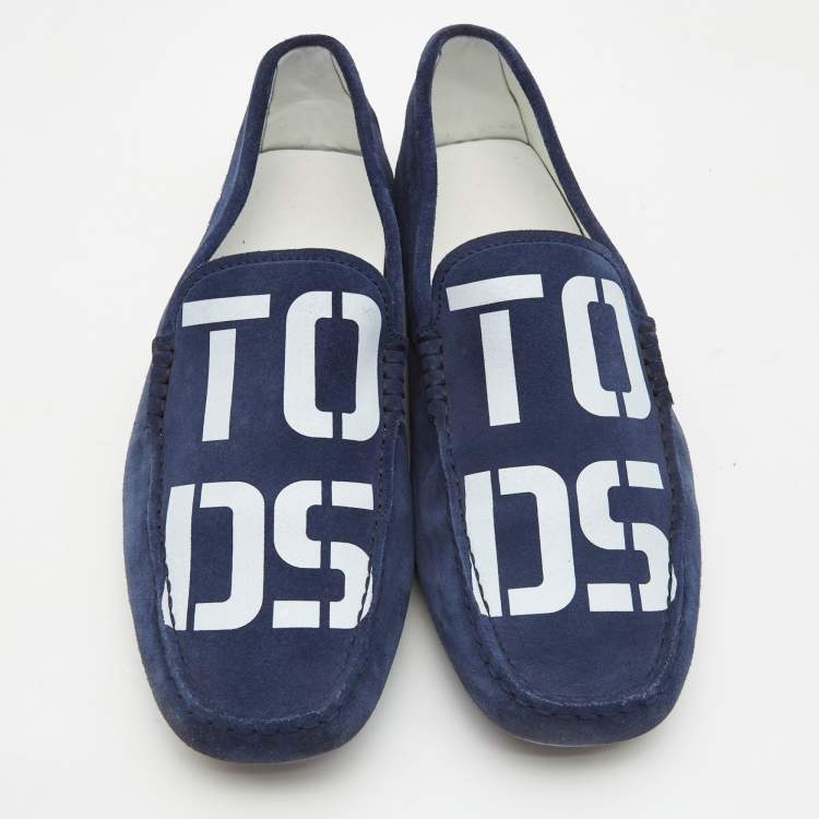 مملوكة مسبقًا Tod's Navy Blue Logo Print Suede Slip On Loafers Size 42.5