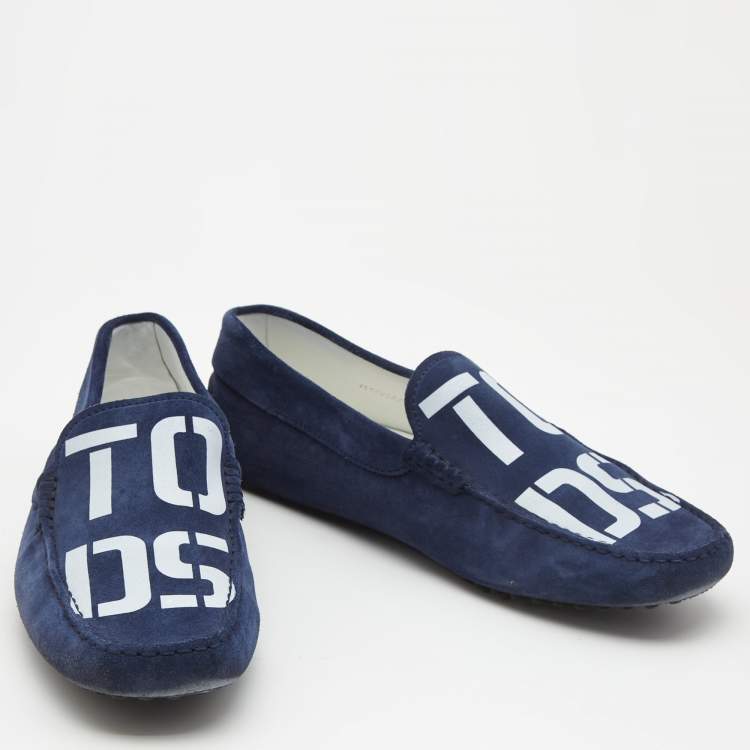 مملوكة مسبقًا Tod's Navy Blue Logo Print Suede Slip On Loafers Size 42.5