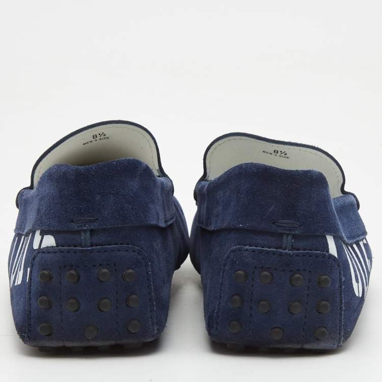 مملوكة مسبقًا Tod's Navy Blue Logo Print Suede Slip On Loafers Size 42.5