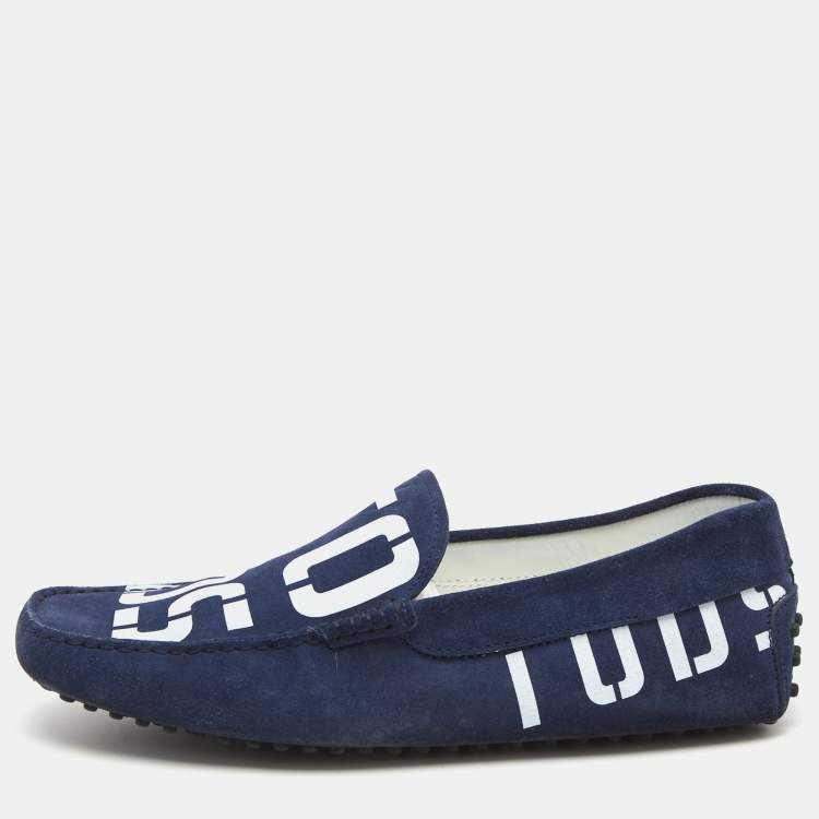 مملوكة مسبقًا Tod's Navy Blue Logo Print Suede Slip On Loafers Size 42.5