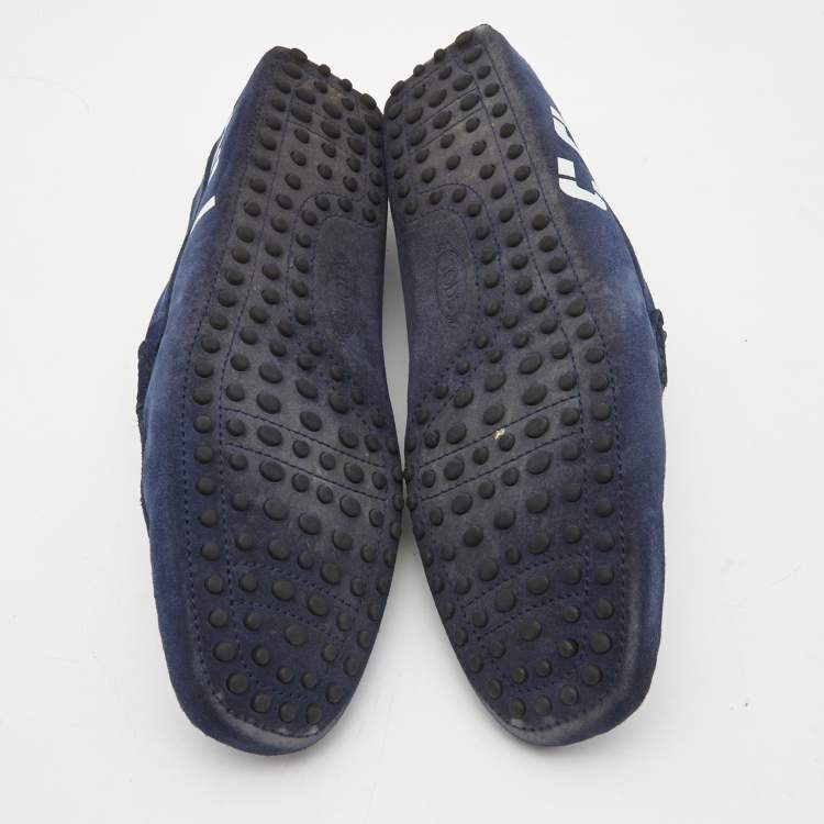 مملوكة مسبقًا Tod's Navy Blue Logo Print Suede Slip On Loafers Size 42.5