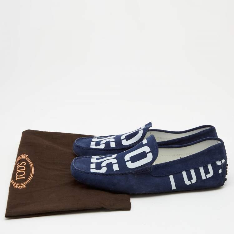 مملوكة مسبقًا Tod's Navy Blue Logo Print Suede Slip On Loafers Size 42.5