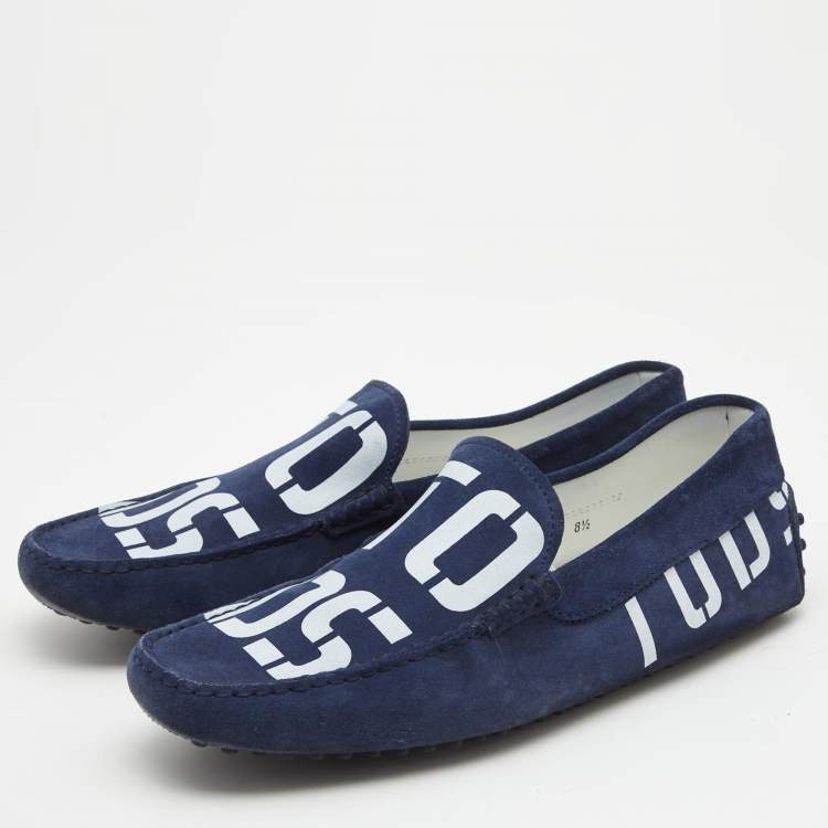 مملوكة مسبقًا Tod's Navy Blue Logo Print Suede Slip On Loafers Size 42.5